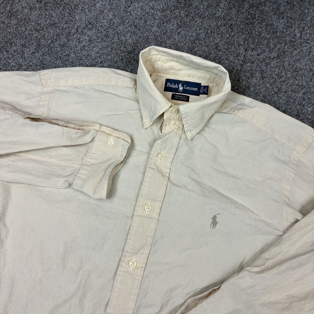 Ralph Lauren Yarmouth Mens Size 15 32/33 Tan Gingham Cotton Button Down Shirt